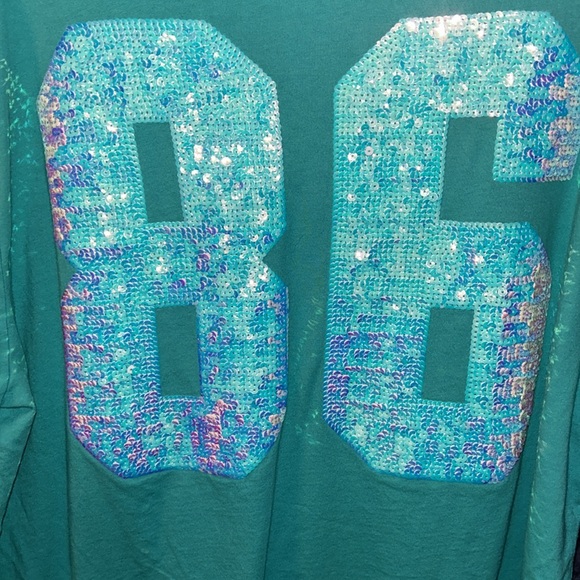 VICTORIA'S SECRET PINK T-Shirt MINT AQUA TEAL #86 BLING Sequined RARE HTF Sz XL - Picture 6 of 16